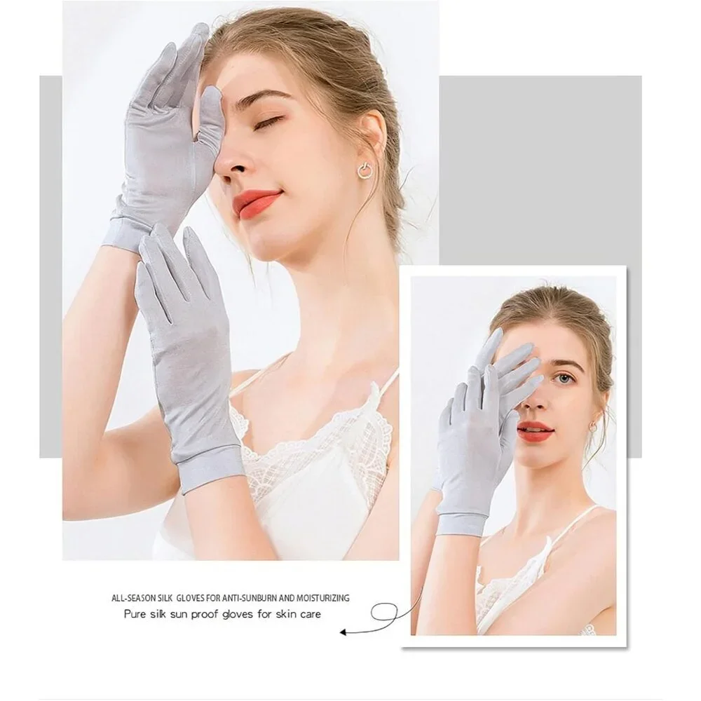 Women's Silver Gray Pure Silk Sunscreen UV Protection Silk Elastic Index Gloves